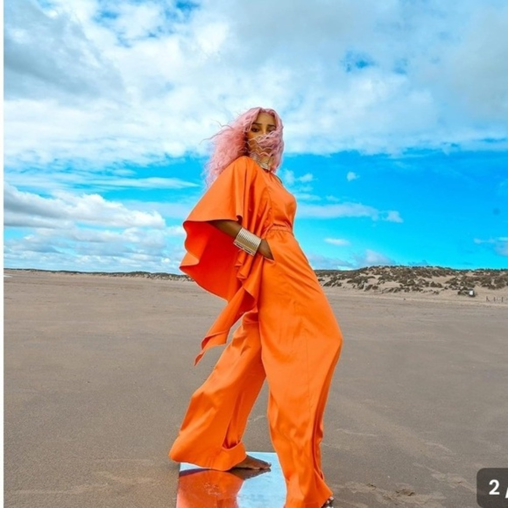 The Drop Women Orange Satin One Shoulder Ruffle Wide Leg Jumpsuit Small NEW